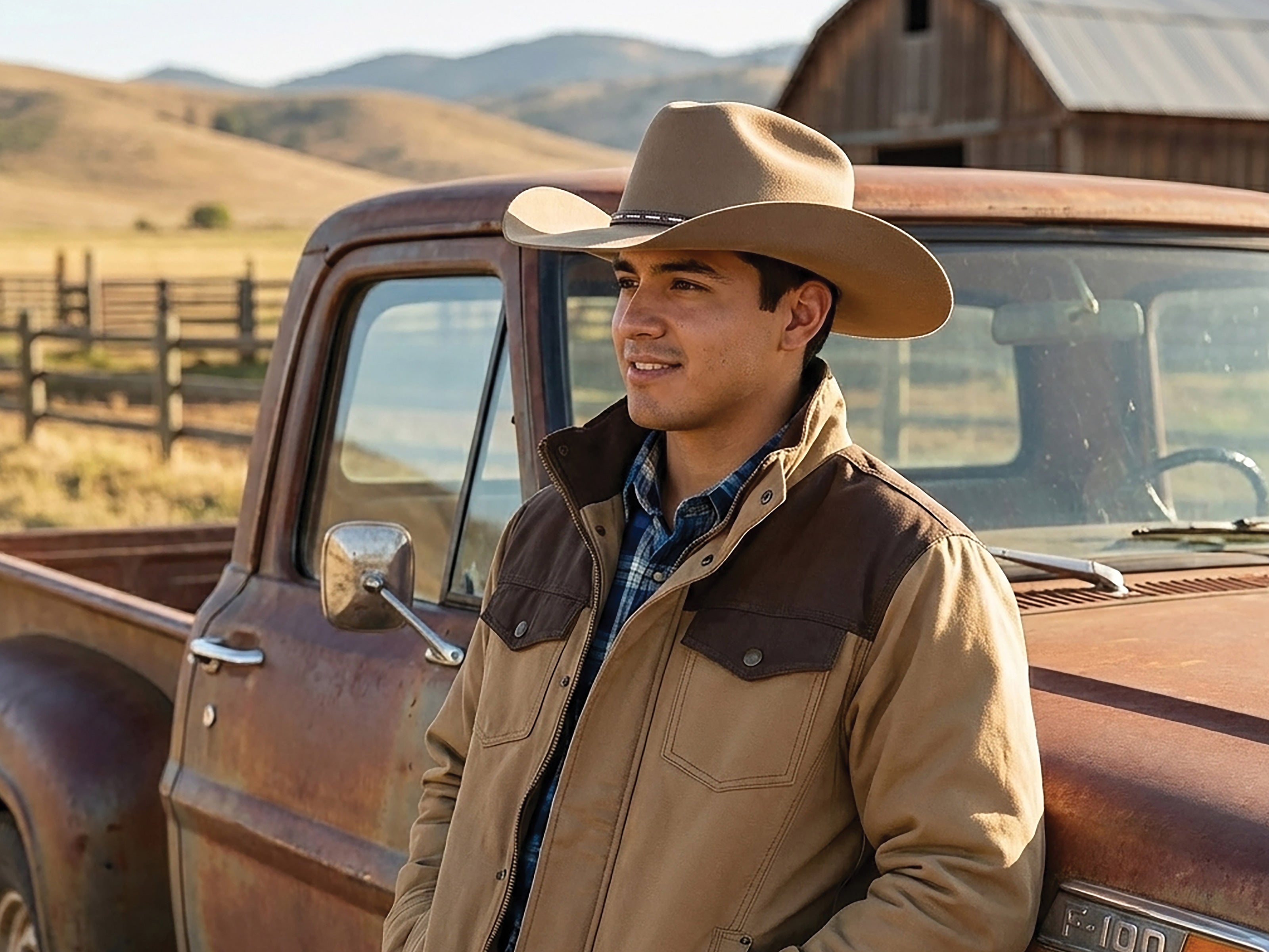 Smiling man wearing a tan cowboy hat and jacket leaning against a rusty truck near a wooden barn and small dusty hills in the background.