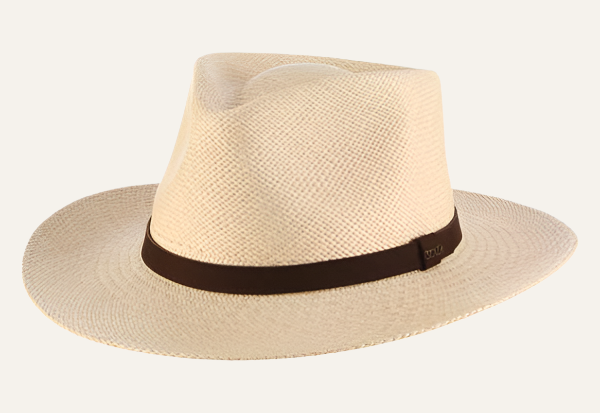 Tan straw hat with dark brown trim